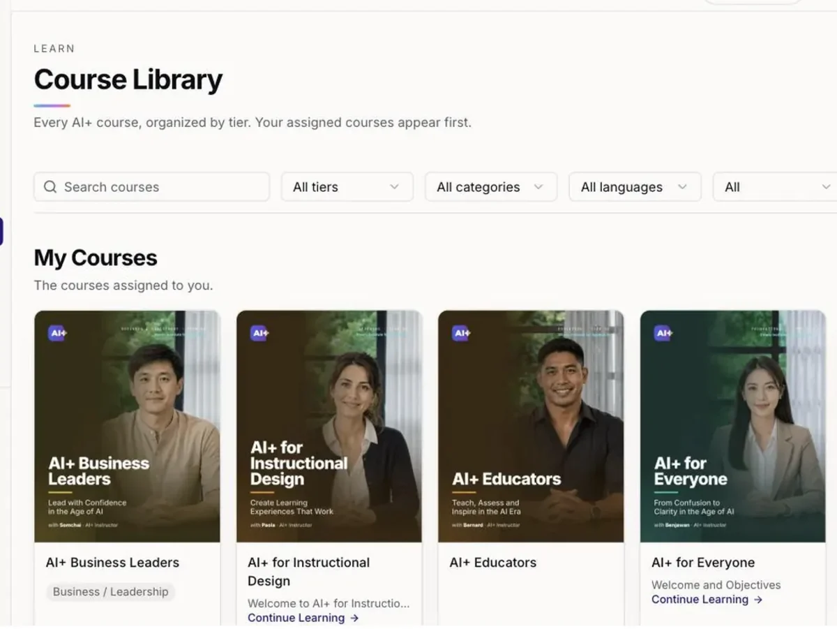 The AI+Pro course library, showing assigned role-based courses